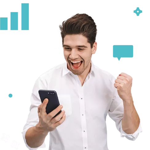 Man looking at phone cheering surrounded by icon illustrations